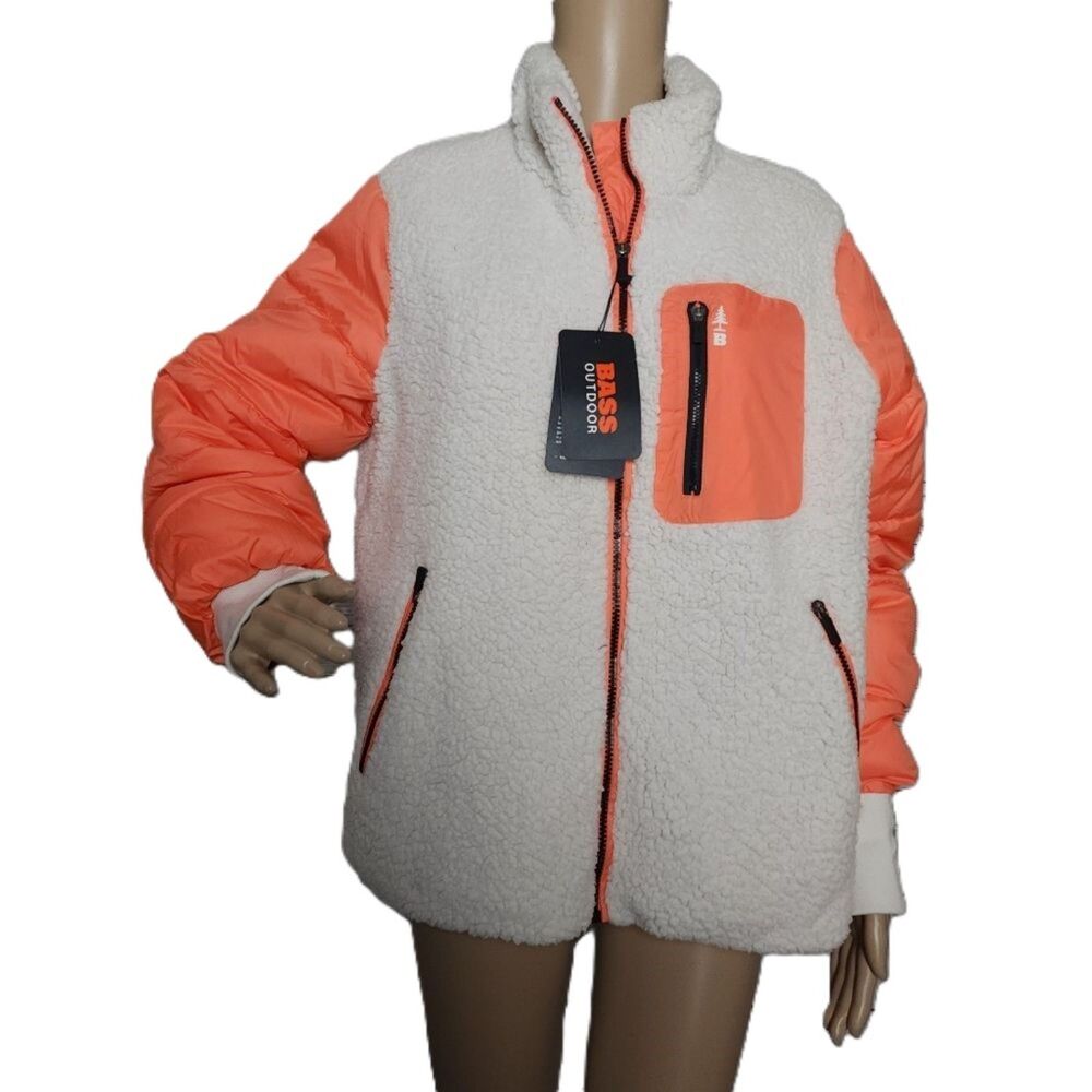 Bass Outdoor NWT Orange & Cream Sherpa Quilted Puffer Jacket - Large Thumbholes